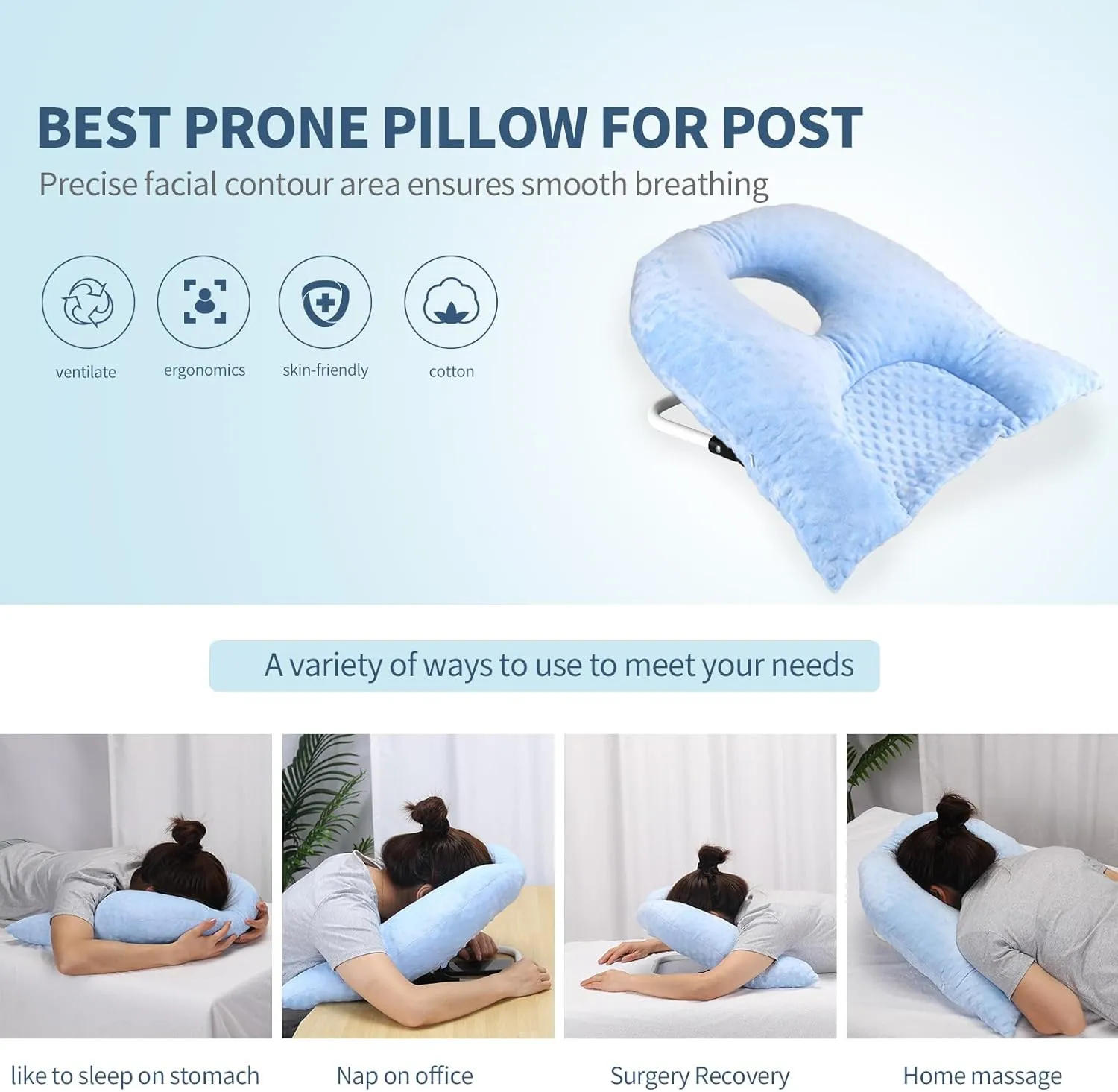 Face Down Pillow for Sleeping, Prone Pillow for Vitrectomy or Retinal Surgery, Adjustable Height Prone Face Down Sleep, Retina Lying Eye Surgery Recovery (Dot-Light Blue)