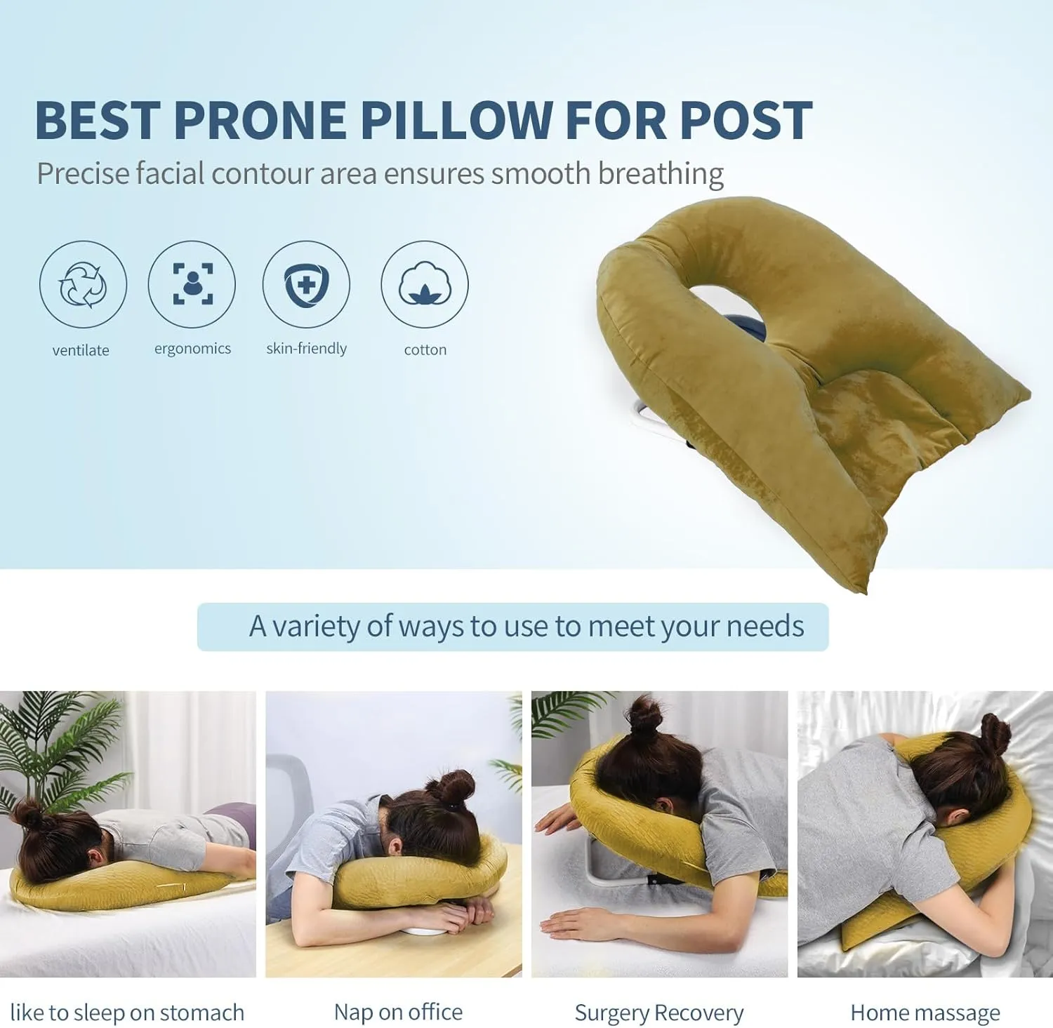 Face Down Pillow for Sleeping, Prone Pillow for Vitrectomy or Retinal Surgery, Adjustable Height Prone Face Down Sleep, Retina Lying Eye Surgery Recovery (Velvet-Khaki)