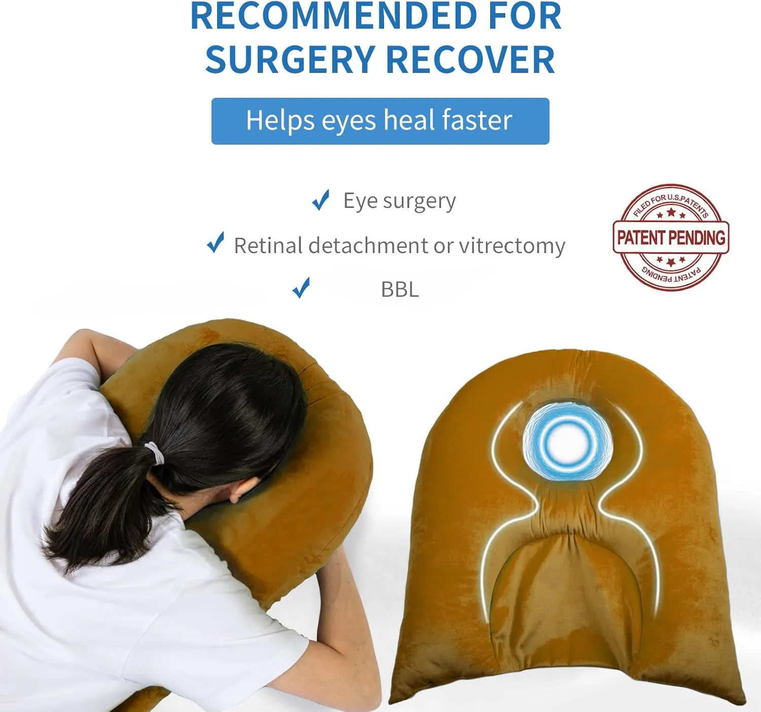Face Down Pillow for Sleeping, Prone Pillow for Vitrectomy or Retinal Surgery, Adjustable Height Prone Face Down Sleep, Retina Lying Eye Surgery Recovery (Velvet-Khaki)