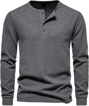 Fall Tops for Men 2024 Waffle Knit Shirts Button Down Crewneck T-shirt Long Sleeve Solid Tee Lightweight Comfy Blouse