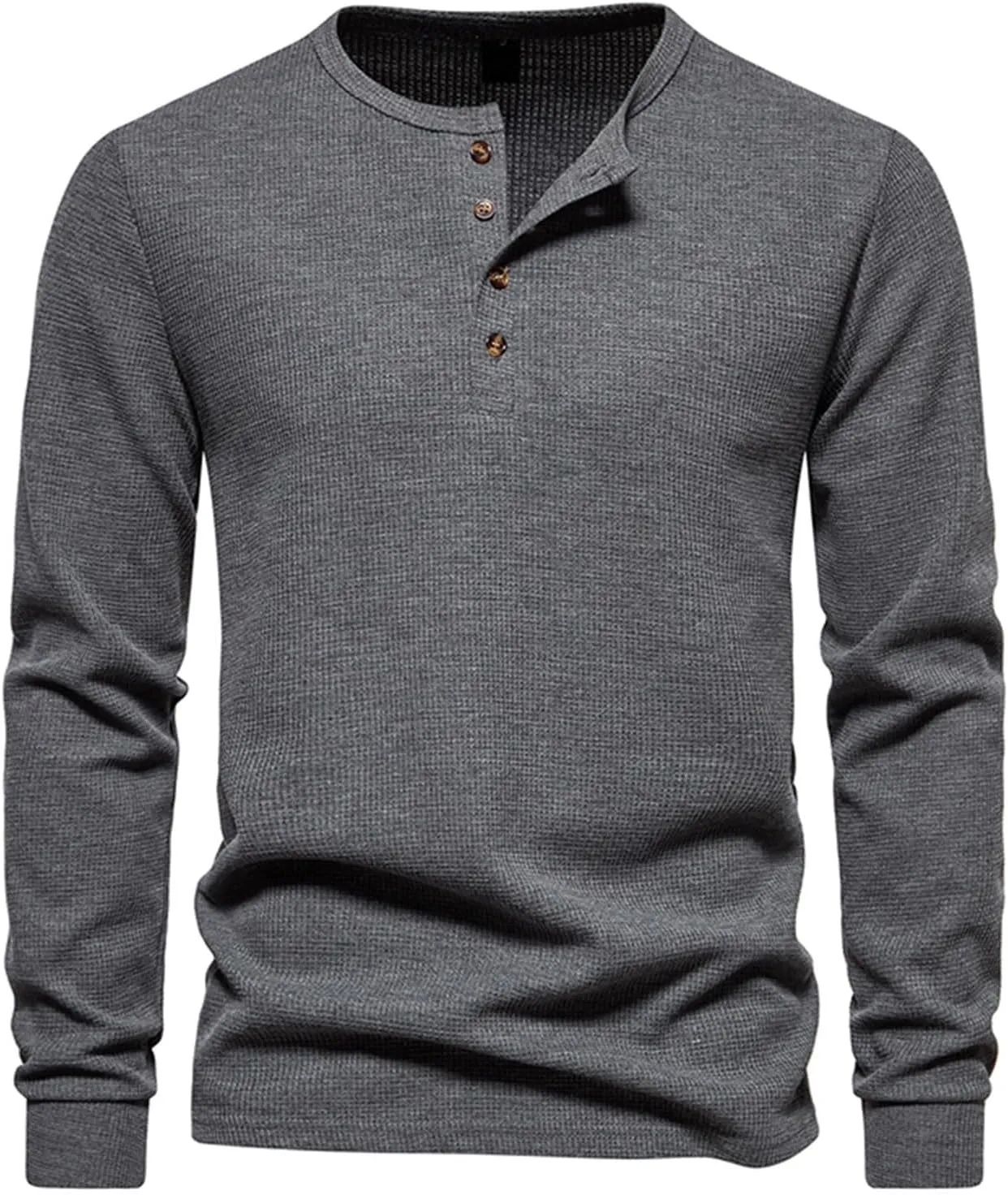 Fall Tops for Men 2024 Waffle Knit Shirts Button Down Crewneck T-shirt Long Sleeve Solid Tee Lightweight Comfy Blouse