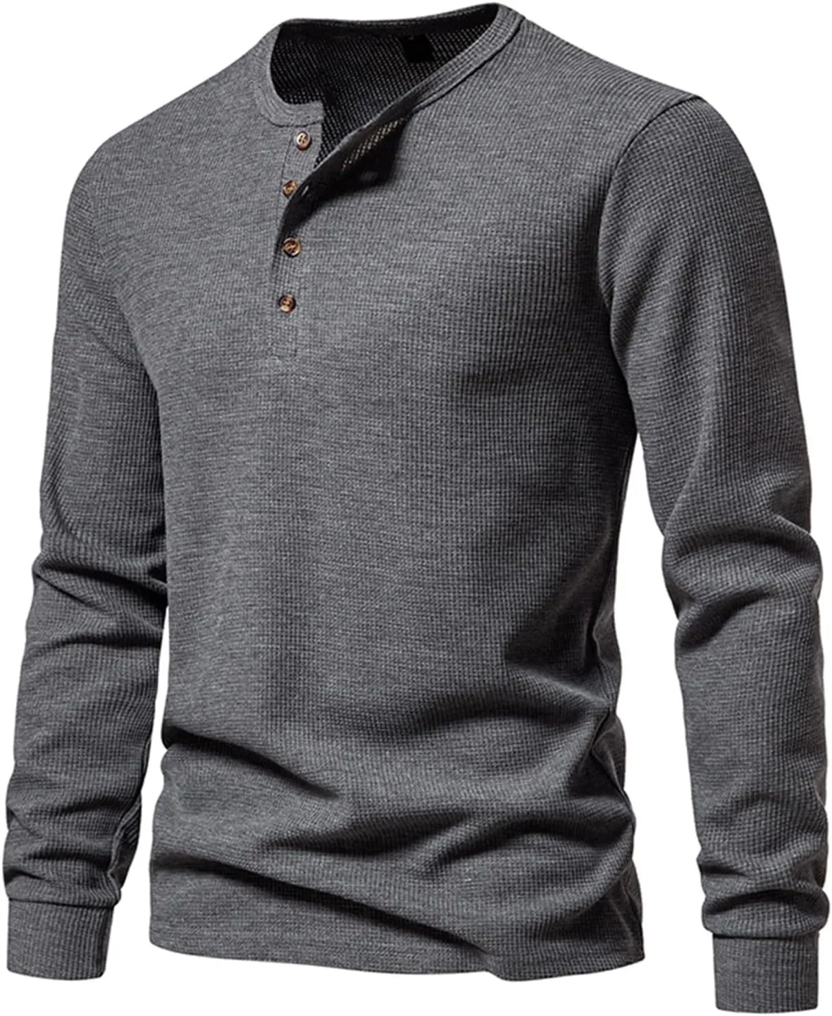 Fall Tops for Men 2024 Waffle Knit Shirts Button Down Crewneck T-shirt Long Sleeve Solid Tee Lightweight Comfy Blouse