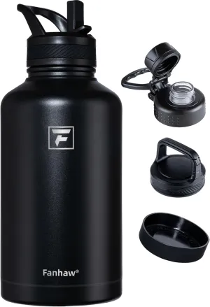Fanhaw 64 oz Stainless Steel Insulated Water Bottle with 3 Lids (Straw, Spout and Carabiner Lid) - Half Gallon Sports Water Flask Jug (Black)