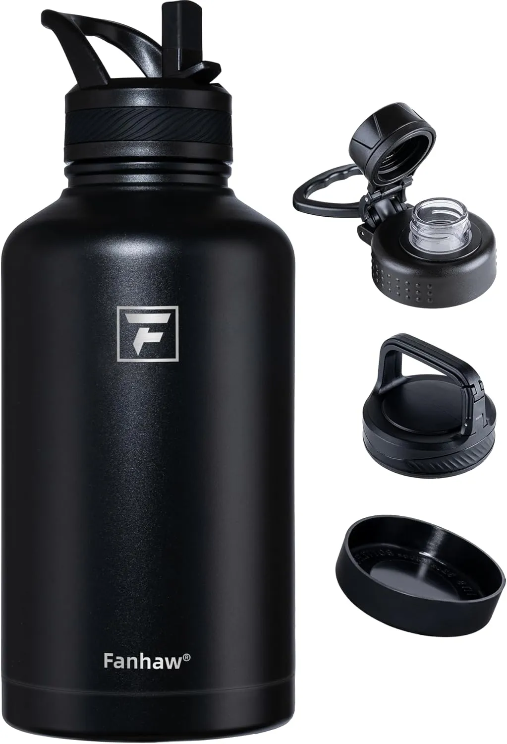 Fanhaw 64 oz Stainless Steel Insulated Water Bottle with 3 Lids (Straw, Spout and Carabiner Lid) - Half Gallon Sports Water Flask Jug (Black)