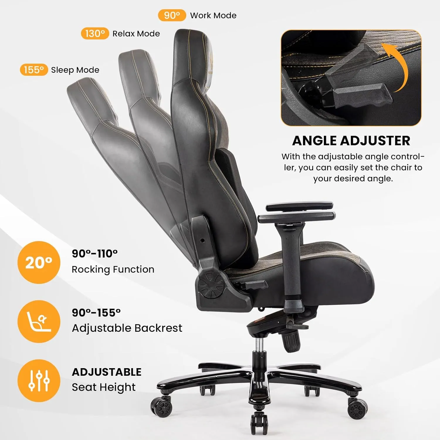 Fantasylab Big & Tall Gaming Chair 440lb Metal Base Memory Foam Lumbar Seat Cushion 4D Adjustable Arms Swivels & Reclines Ergonomic High-Back Racing Computer Gaming Chair, Black/Grey