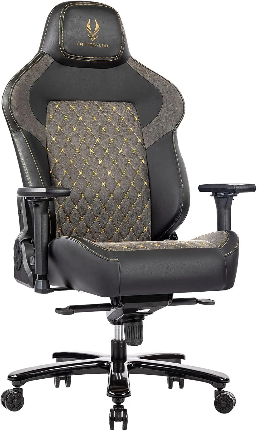 Fantasylab Big & Tall Gaming Chair 440lb Metal Base Memory Foam Lumbar Seat Cushion 4D Adjustable Arms Swivels & Reclines Ergonomic High-Back Racing Computer Gaming Chair, Black/Grey