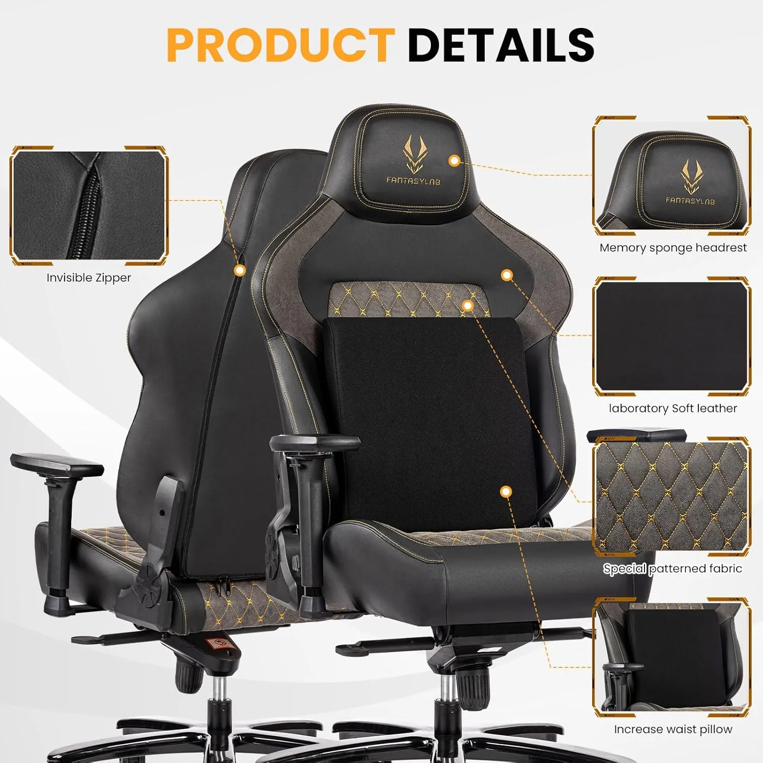 Fantasylab Big & Tall Gaming Chair 440lb Metal Base Memory Foam Lumbar Seat Cushion 4D Adjustable Arms Swivels & Reclines Ergonomic High-Back Racing Computer Gaming Chair, Black/Grey