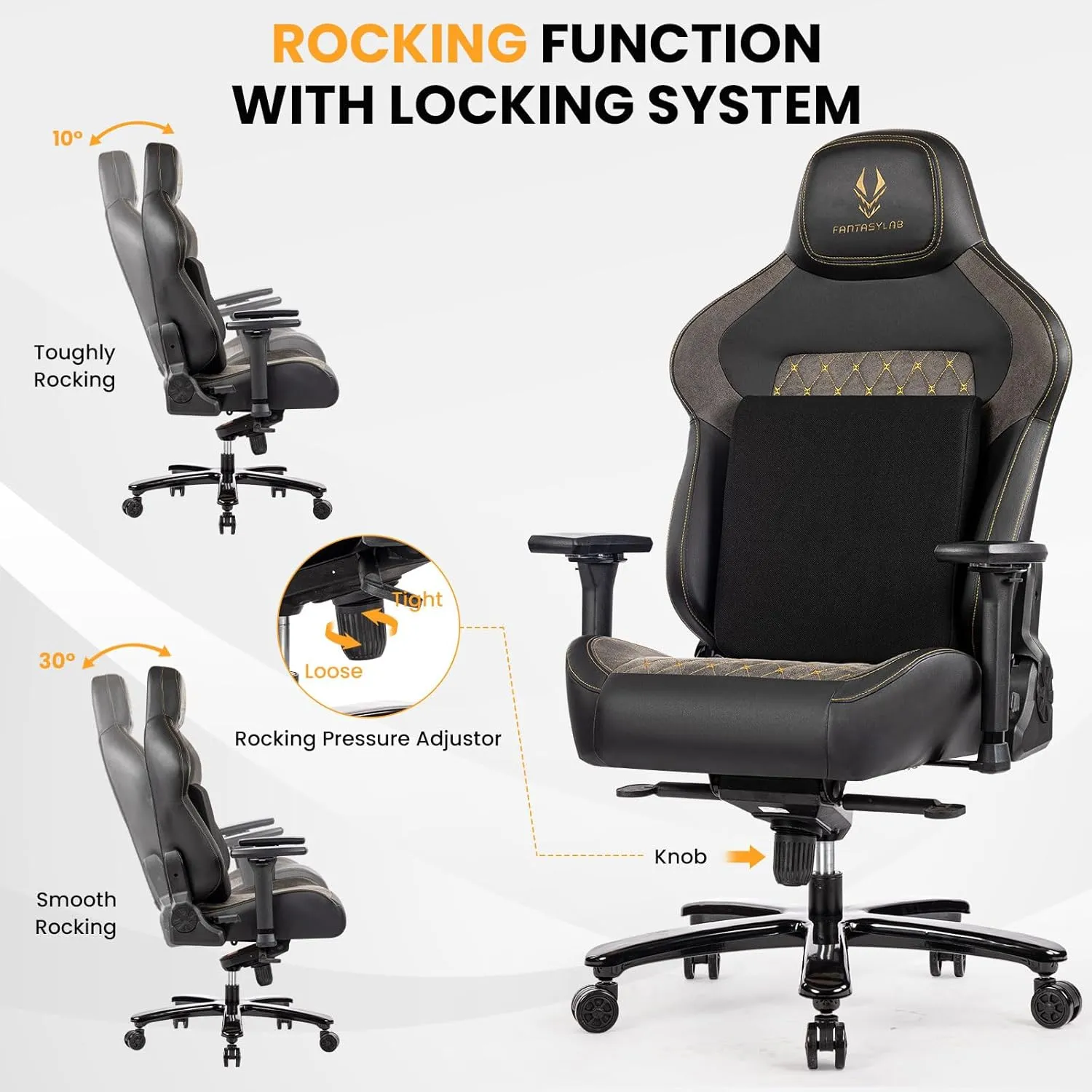 Fantasylab Big & Tall Gaming Chair 440lb Metal Base Memory Foam Lumbar Seat Cushion 4D Adjustable Arms Swivels & Reclines Ergonomic High-Back Racing Computer Gaming Chair, Black/Grey