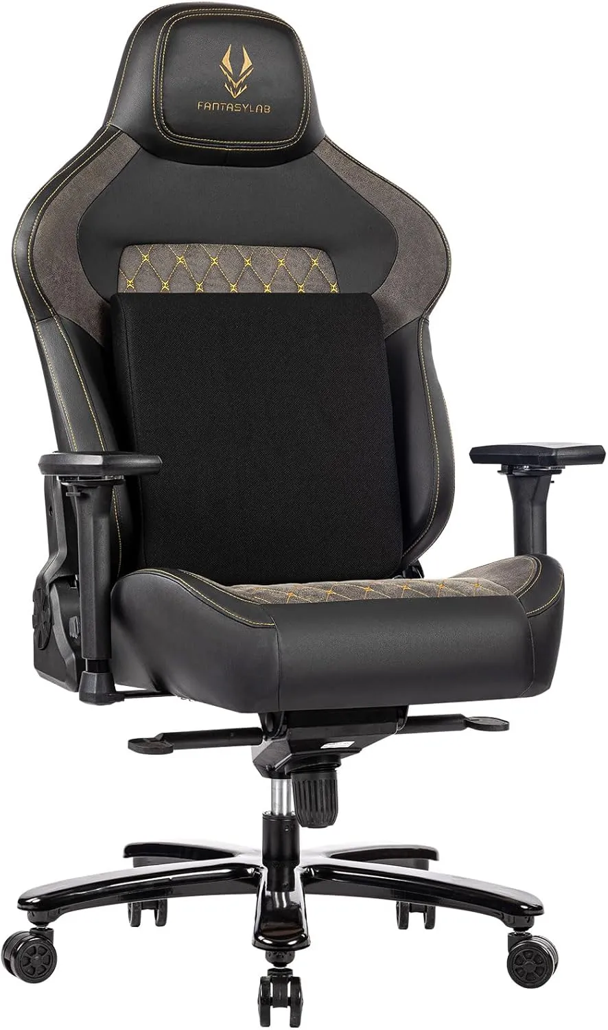 Fantasylab Big & Tall Gaming Chair 440lb Metal Base Memory Foam Lumbar Seat Cushion 4D Adjustable Arms Swivels & Reclines Ergonomic High-Back Racing Computer Gaming Chair, Black/Grey