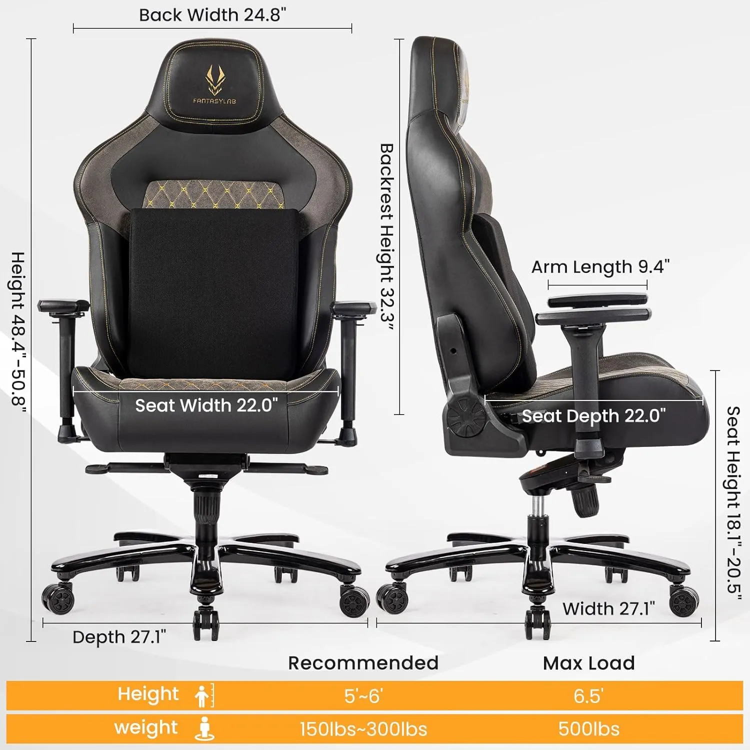 Fantasylab Big & Tall Gaming Chair 440lb Metal Base Memory Foam Lumbar Seat Cushion 4D Adjustable Arms Swivels & Reclines Ergonomic High-Back Racing Computer Gaming Chair, Black/Grey