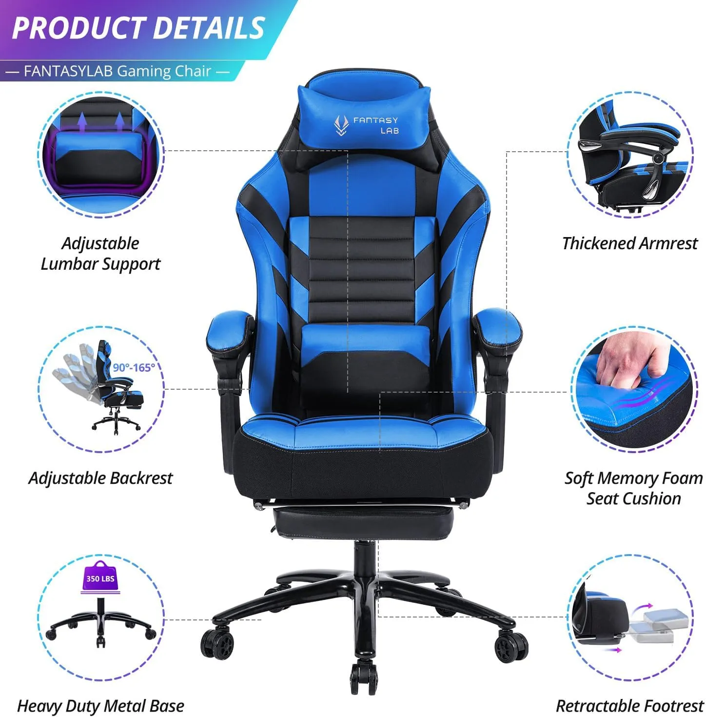 Fantasylab Big and Tall Gaming Chair with Footrest 400lbs Massage Gamer Chair with Memory Foam Adjustable Tilt Back Angle & Armrest, High Back Leather Computer Office Chair