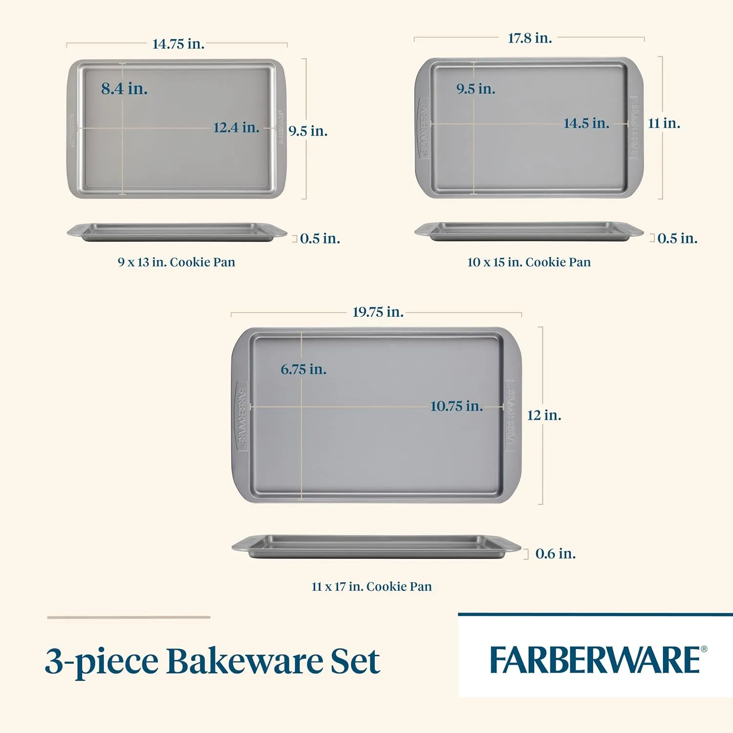 Farberware Nonstick Bakeware 3-Piece Cookie Pan Set, Gray