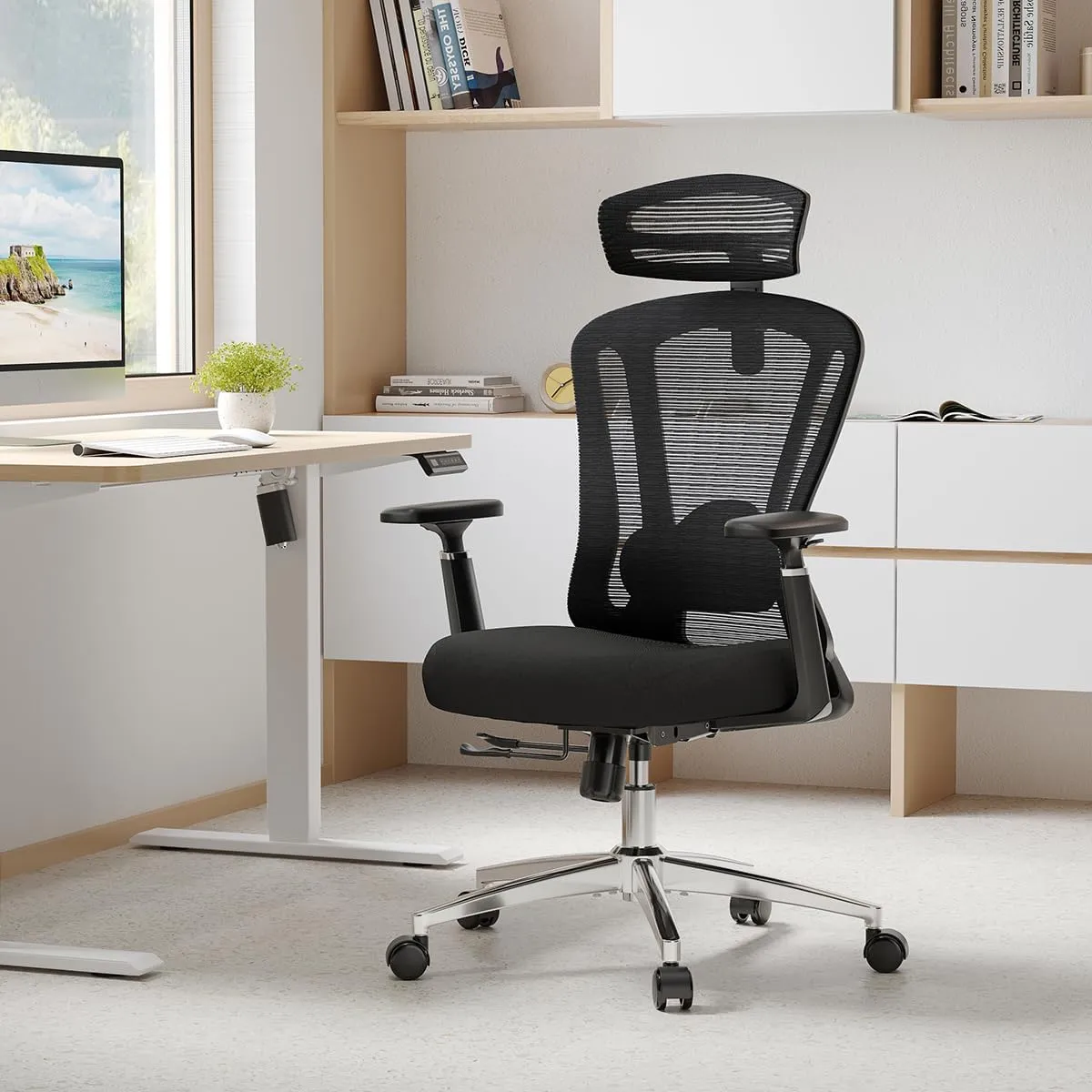 Farini Ergonomic Office Chair, Mesh High Back Computer Chair with Headrest, Adjustable Lumbar Support, Desk Chair with 3D Armrests and Adjustable Headrest, Black & Black