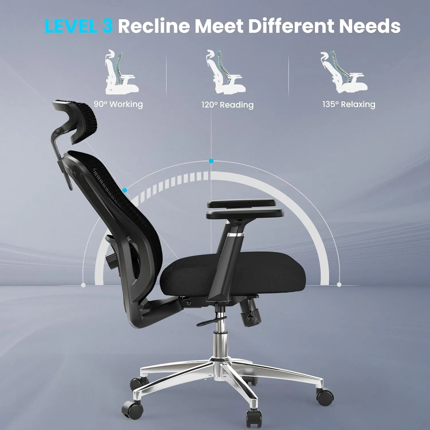 Farini Ergonomic Office Chair, Mesh High Back Computer Chair with Headrest, Adjustable Lumbar Support, Desk Chair with 3D Armrests and Adjustable Headrest, Black & Black