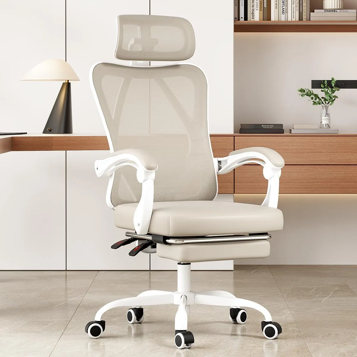Farini Ergonomic Office Chair with Footrest, Mesh Office Desk Chair with Headrest, High Back Computer Chair with Adjustable Lumbar Support for Home Office Study Room Bedroom, White & Khaki