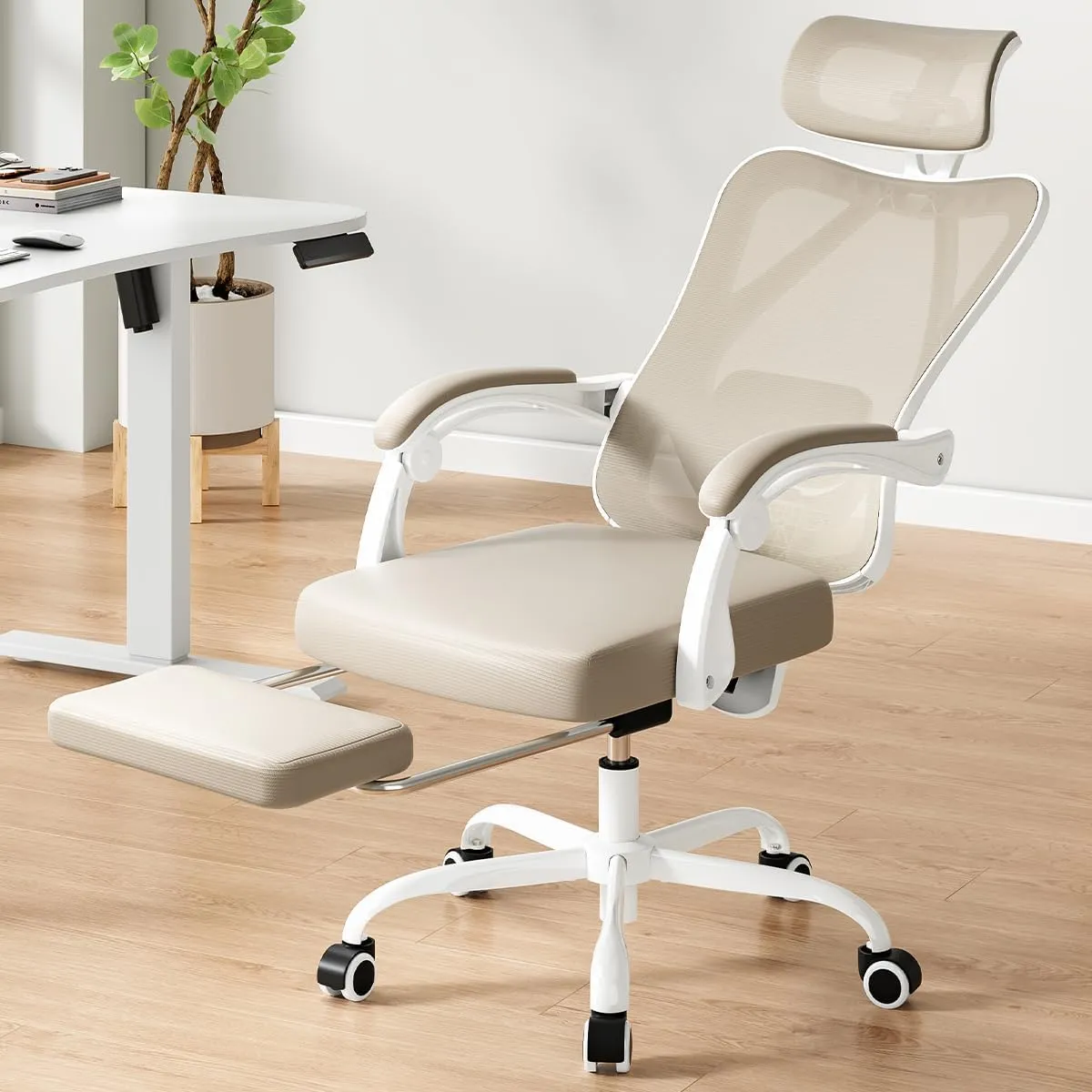 Farini Ergonomic Office Chair with Footrest, Mesh Office Desk Chair with Headrest, High Back Computer Chair with Adjustable Lumbar Support for Home Office Study Room Bedroom, White & Khaki