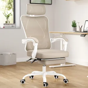 Farini Ergonomic Office Chair with Footrest, Mesh Office Desk Chair with Headrest, High Back Computer Chair with Adjustable Lumbar Support for Home Office Study Room Bedroom, White & Khaki