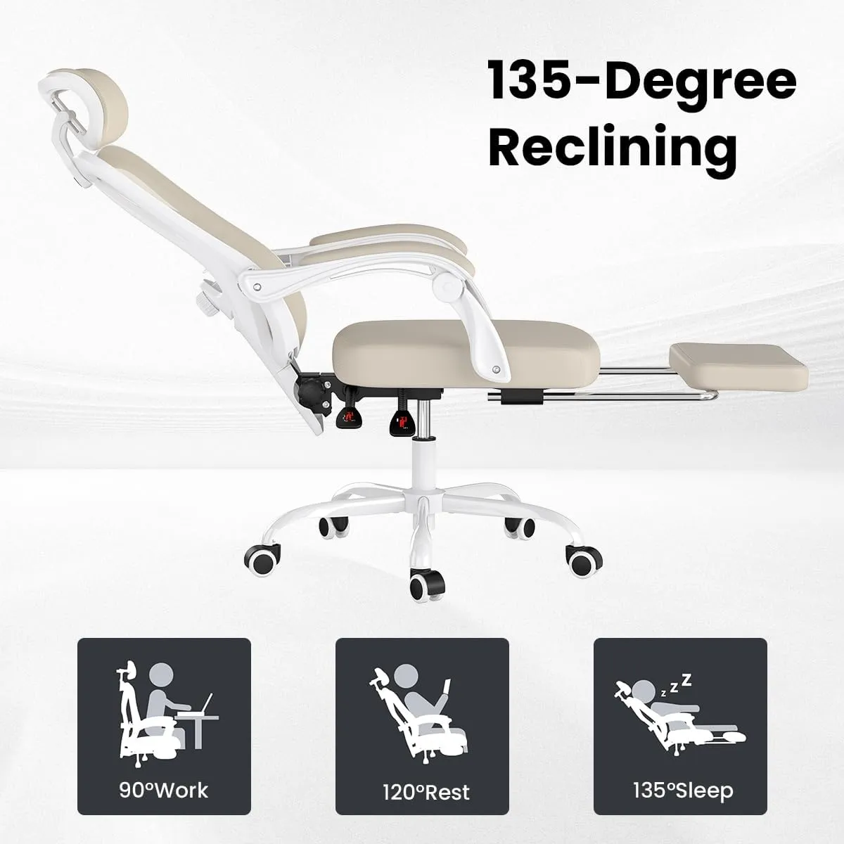 Farini Ergonomic Office Chair with Footrest, Mesh Office Desk Chair with Headrest, High Back Computer Chair with Adjustable Lumbar Support for Home Office Study Room Bedroom, White & Khaki