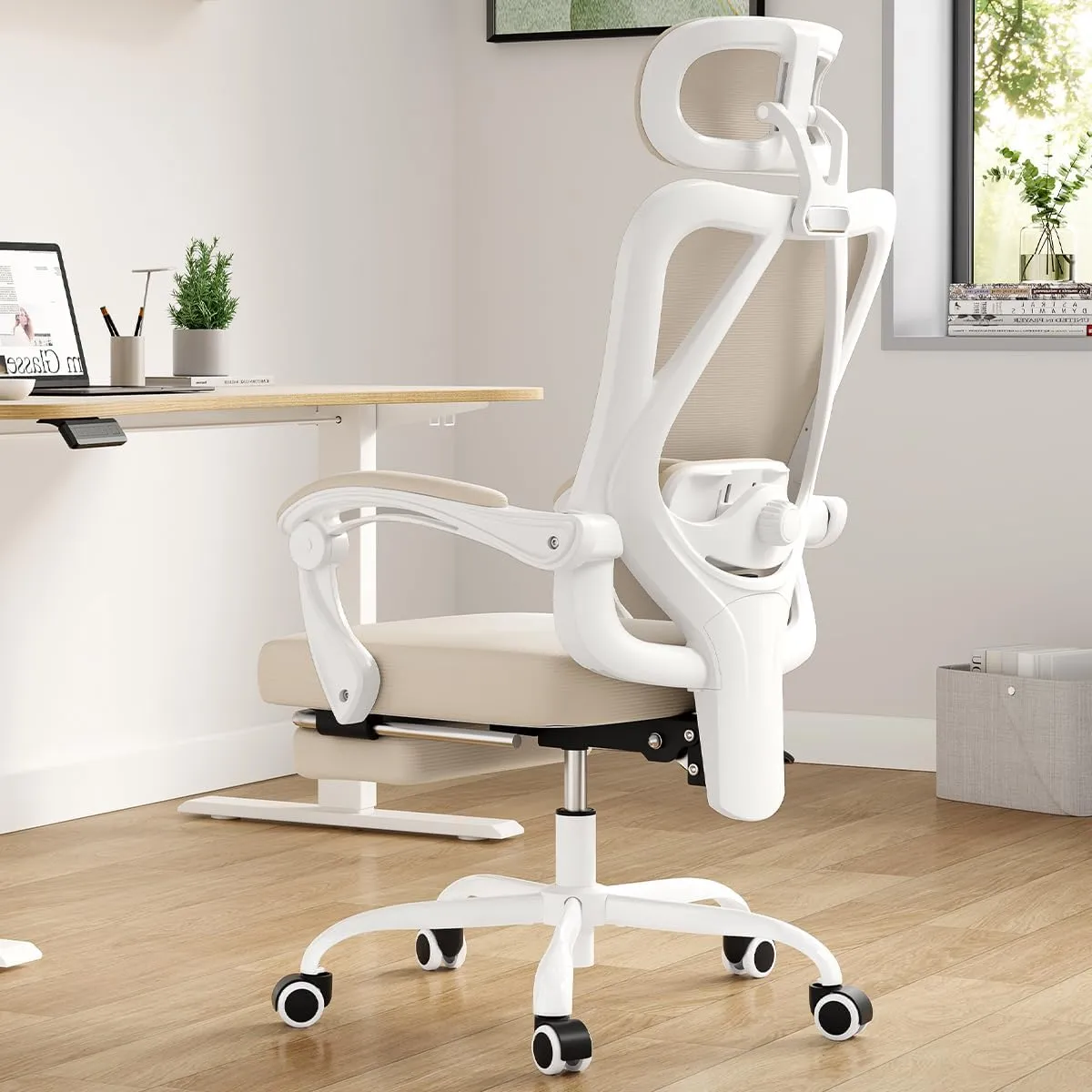 Farini Ergonomic Office Chair with Footrest, Mesh Office Desk Chair with Headrest, High Back Computer Chair with Adjustable Lumbar Support for Home Office Study Room Bedroom, White & Khaki