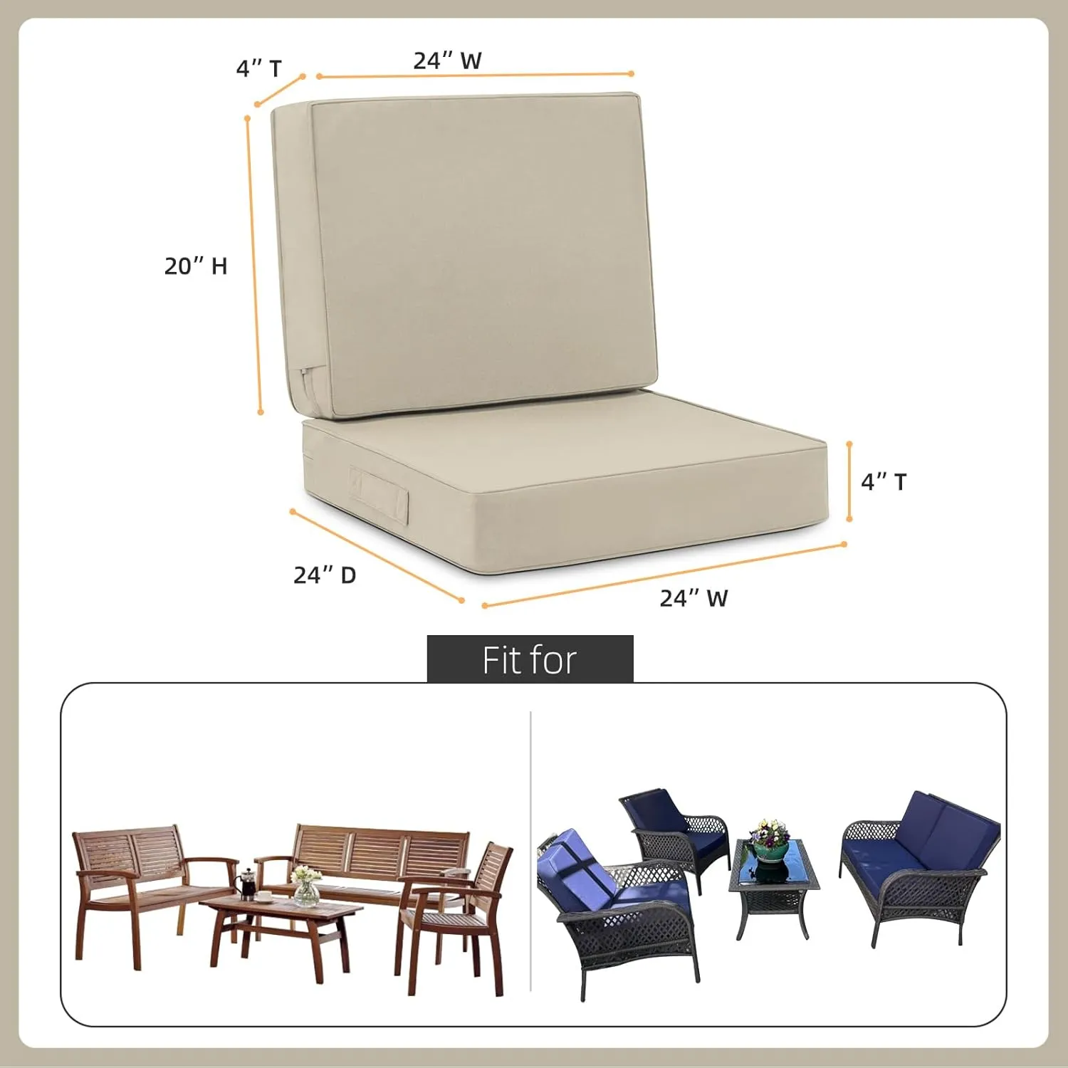 Favoyard Deep Seat Patio Cushion Set 24 x 24 Inch Waterproof Outdoor Chair Cushions for Patio Furniture with Fade Resistant and Removable Cover with Handle & Adjustable Straps for Patio, Yard, Garden