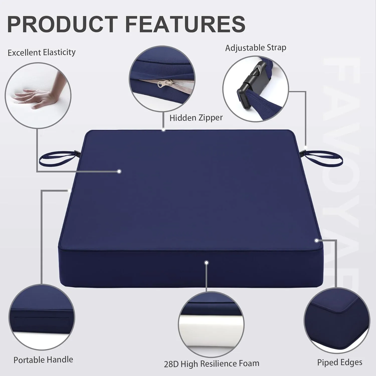 Favoyard Patio Chair Cushions 20 x 20 x 3 Inch Waterproof Outdoor Seat Cushions for Patio Furniture 3-Year Color Fastness Garden Sofa Couch Pads with Handle & Adjustable Straps Set of 2, Blue