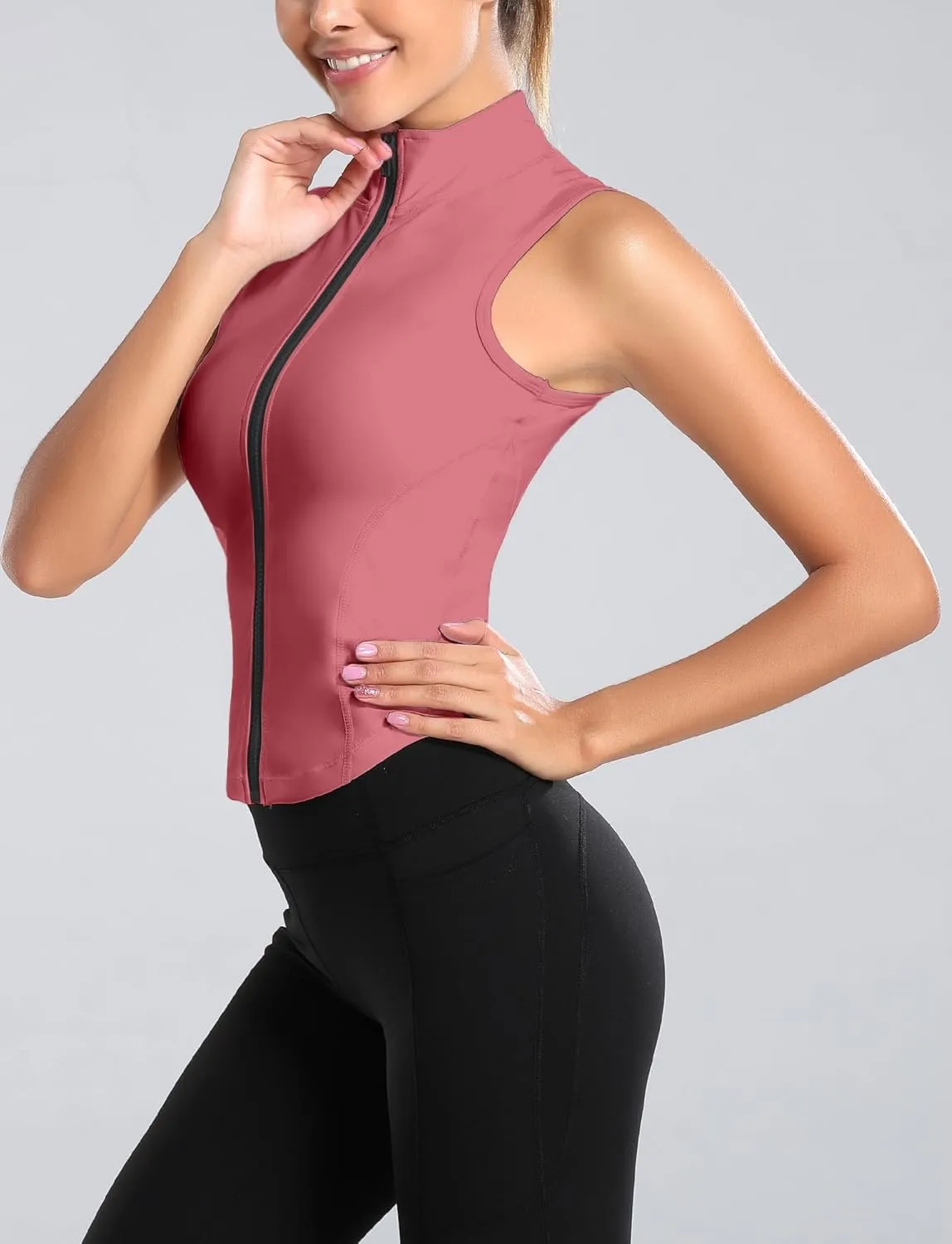 FEOYA Women Sleeveless Athletic Tank Top Shirts Full Zip Up Tshirt for Yoga Running Fitness Exercise