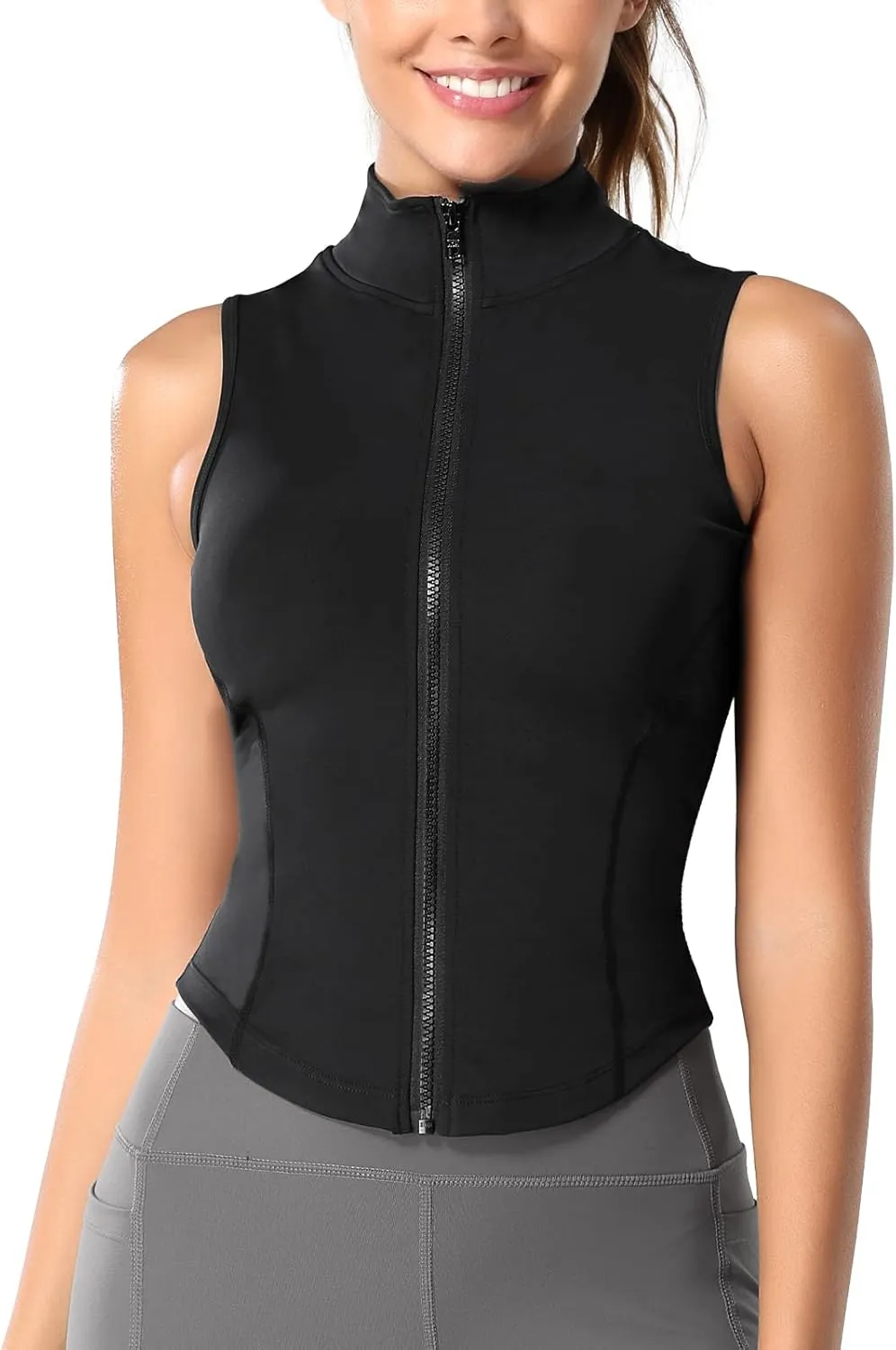 FEOYA Women Sleeveless Athletic Tank Top Shirts Full Zip Up Tshirt for Yoga Running Fitness Exercise