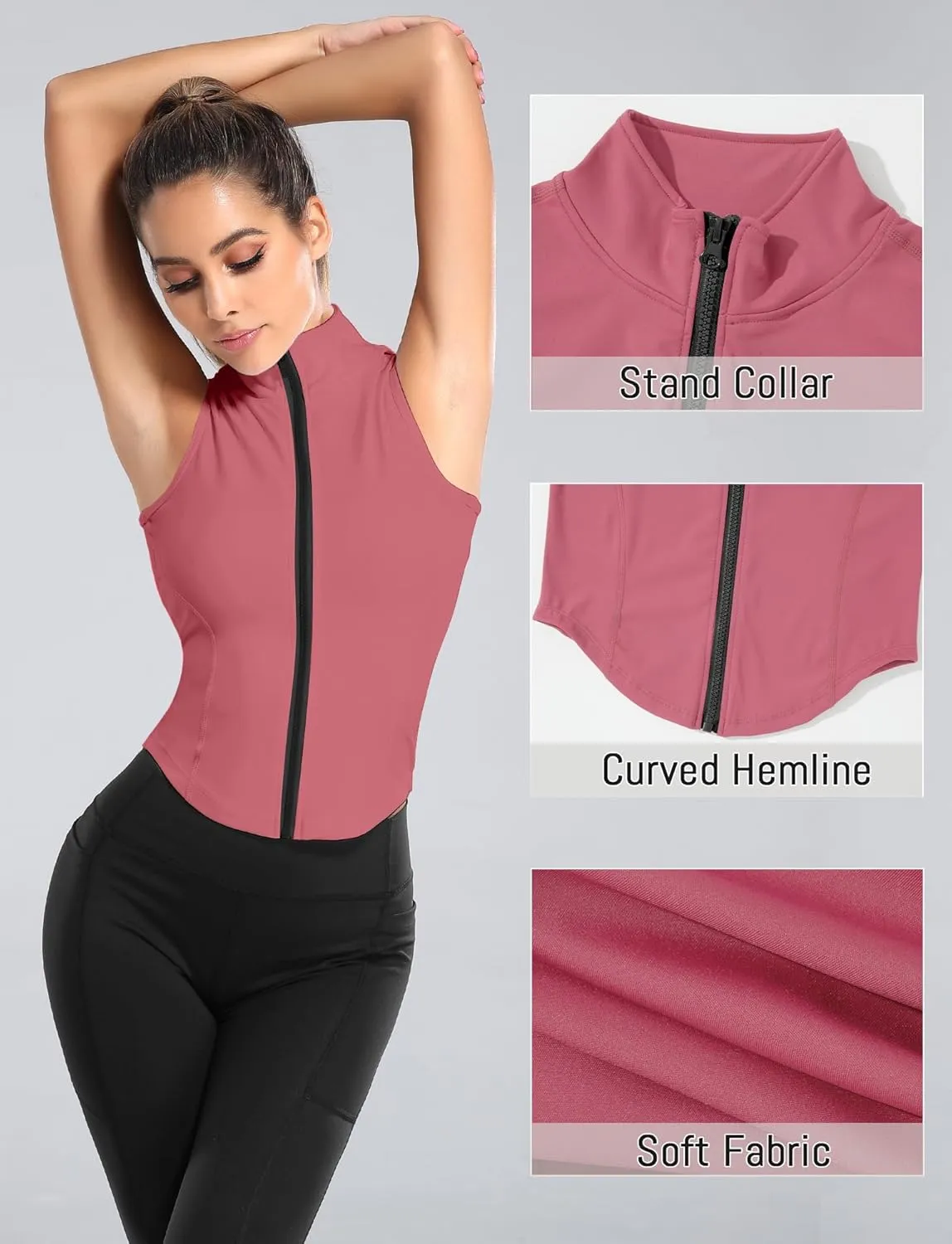 FEOYA Women Sleeveless Athletic Tank Top Shirts Full Zip Up Tshirt for Yoga Running Fitness Exercise
