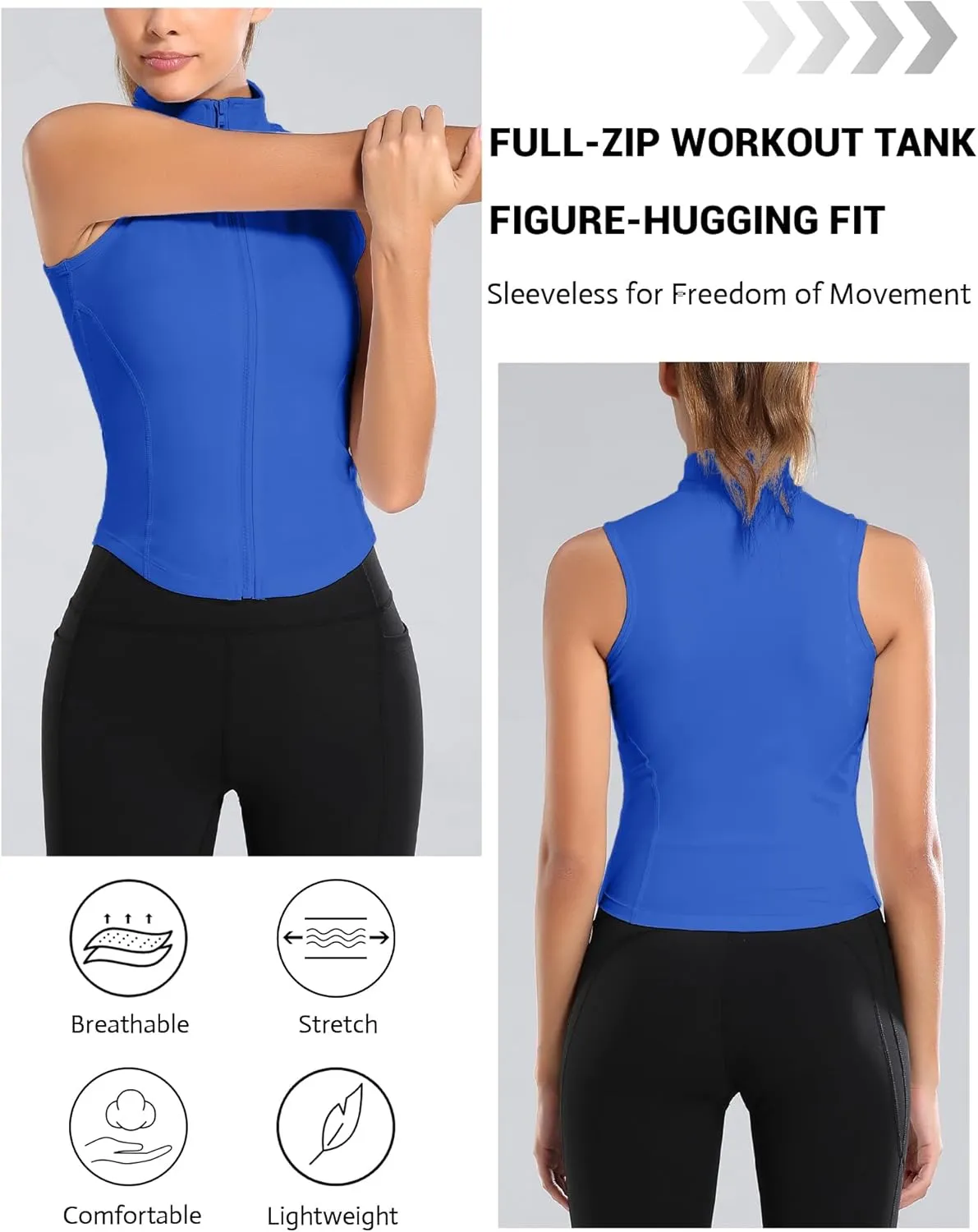 FEOYA Women Sleeveless Athletic Tank Top Shirts Full Zip Up Tshirt for Yoga Running Fitness Exercise