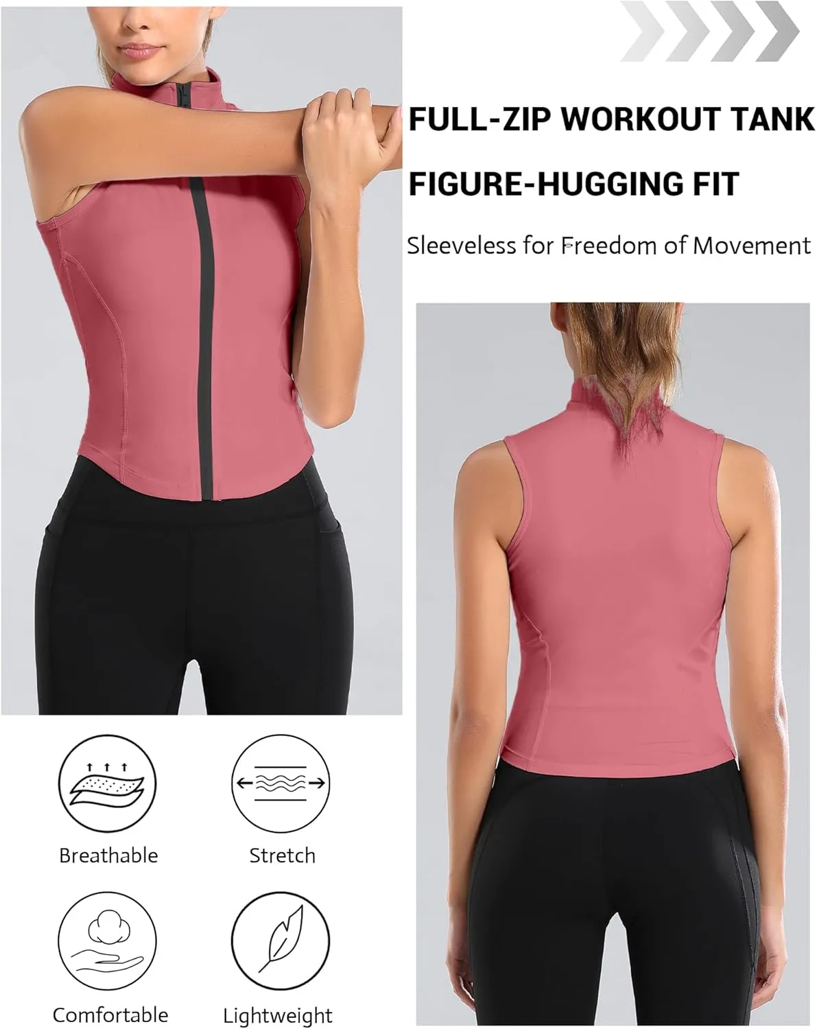 FEOYA Women Sleeveless Athletic Tank Top Shirts Full Zip Up Tshirt for Yoga Running Fitness Exercise