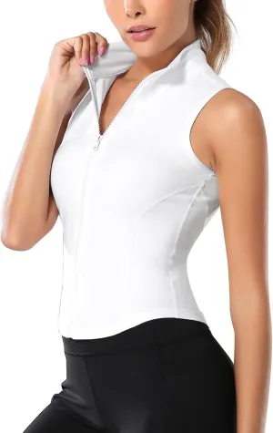 FEOYA Women Sleeveless Athletic Tank Top Shirts Full Zip Up Tshirt for Yoga Running Fitness Exercise