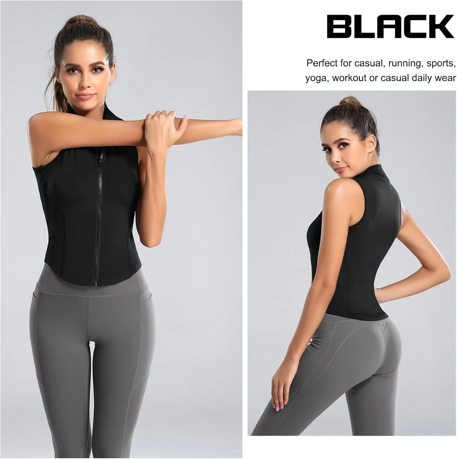 FEOYA Women Sleeveless Athletic Tank Top Shirts Full Zip Up Tshirt for Yoga Running Fitness Exercise