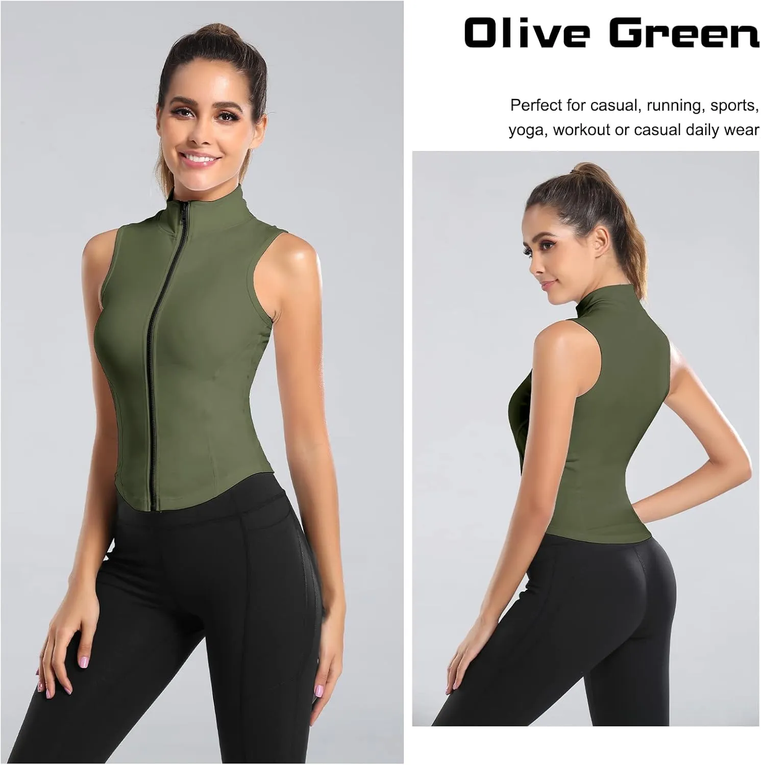 FEOYA Women Sleeveless Athletic Tank Top Shirts Full Zip Up Tshirt for Yoga Running Fitness Exercise