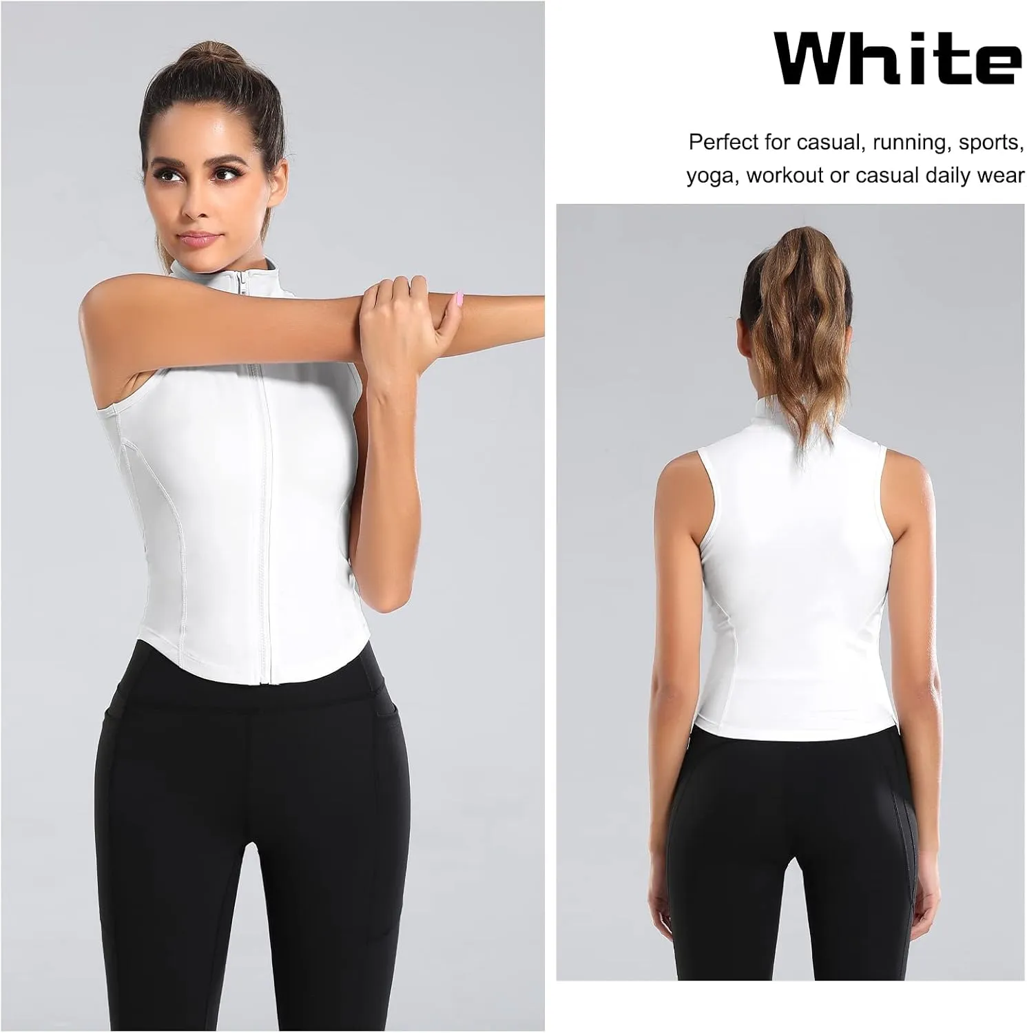FEOYA Women Sleeveless Athletic Tank Top Shirts Full Zip Up Tshirt for Yoga Running Fitness Exercise