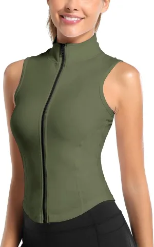 FEOYA Women Sleeveless Athletic Tank Top Shirts Full Zip Up Tshirt for Yoga Running Fitness Exercise
