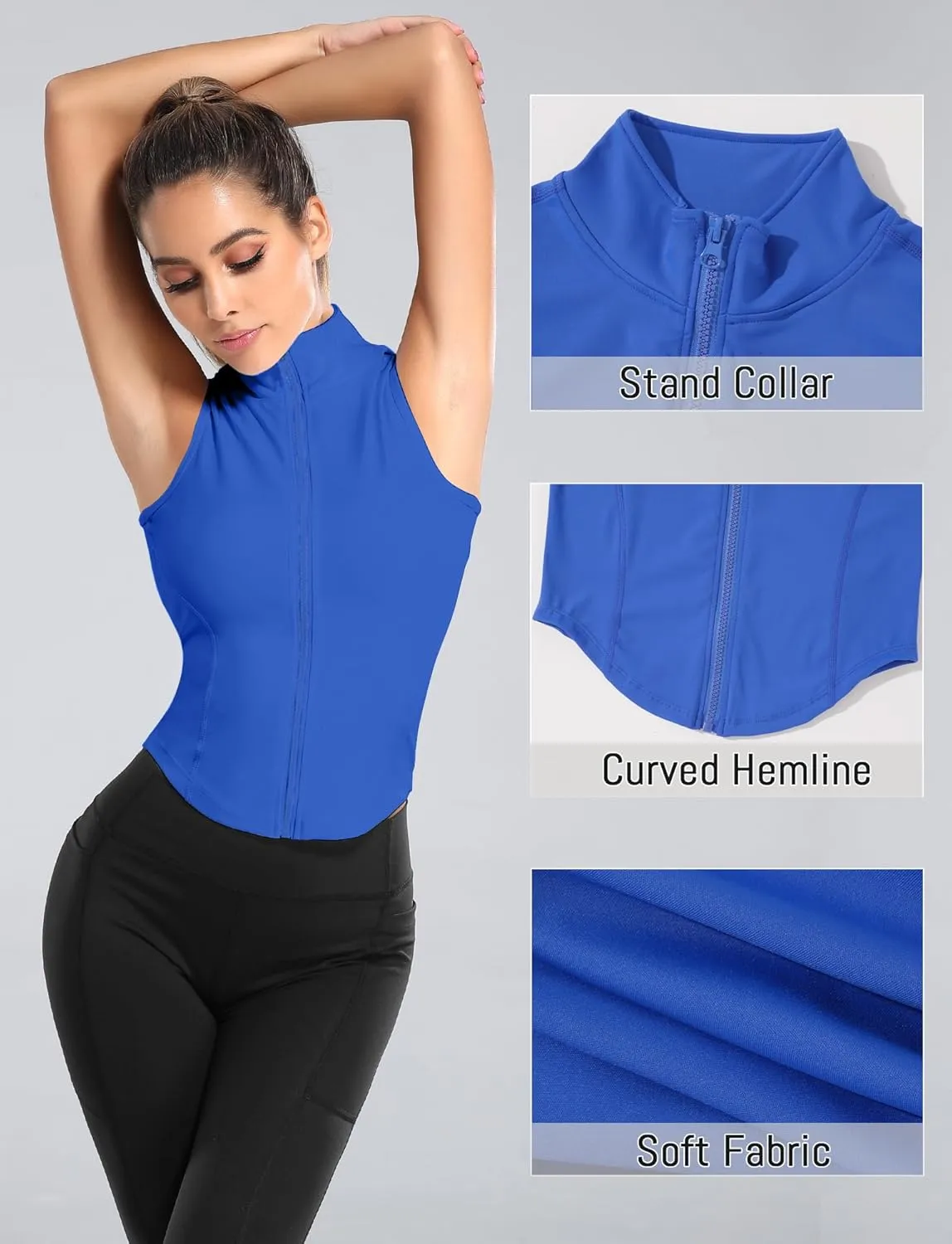 FEOYA Women Sleeveless Athletic Tank Top Shirts Full Zip Up Tshirt for Yoga Running Fitness Exercise