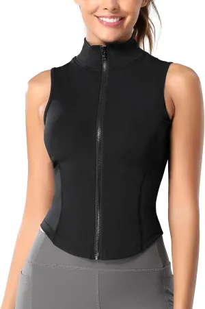 FEOYA Women Sleeveless Athletic Tank Top Shirts Full Zip Up Tshirt for Yoga Running Fitness Exercise