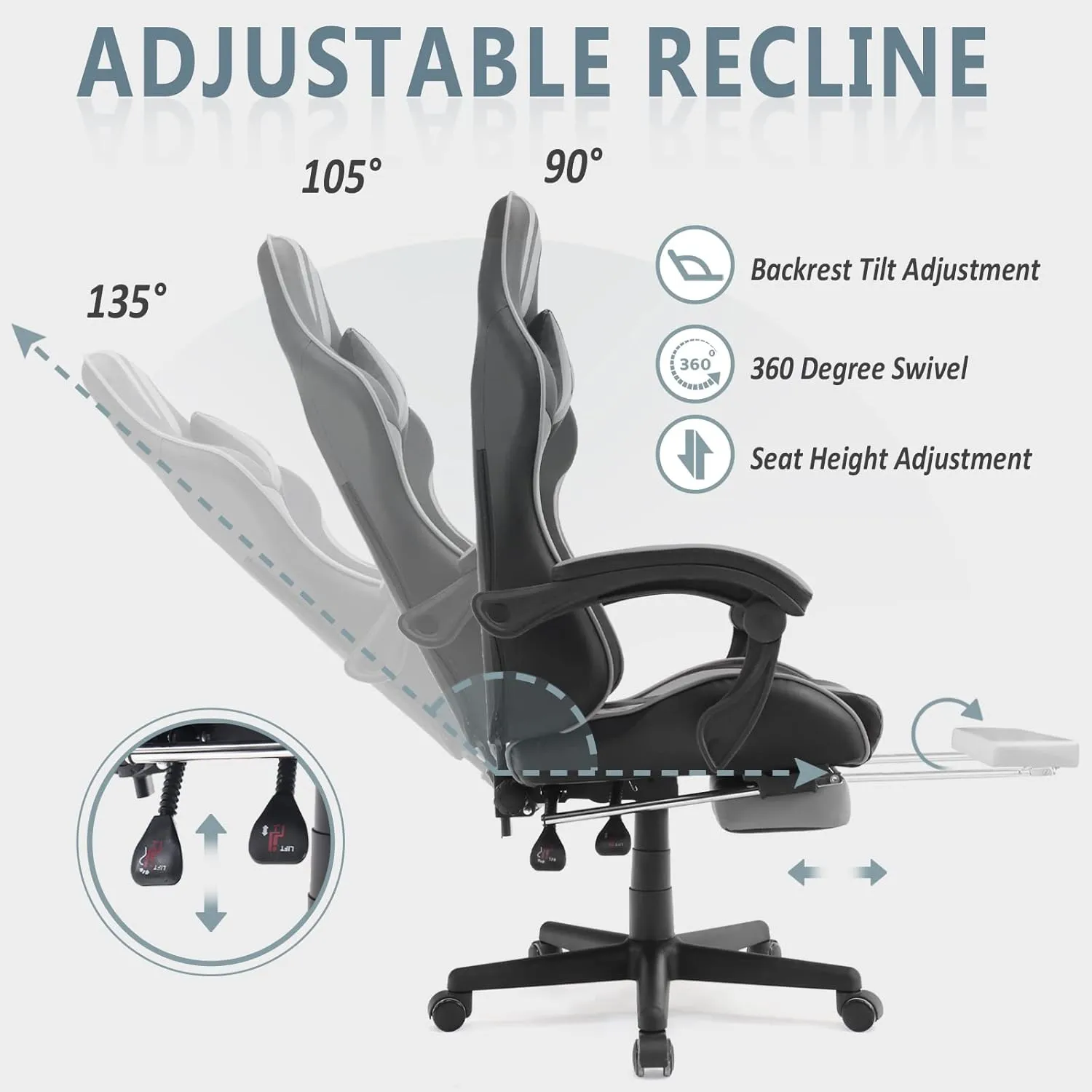 Ferghana Grey Gaming Chairs with Footrest,PC Gaming Chair,Computer Chair, E-Sports Chair,Ergonomic Office Chair with Adjustable Headrest and Lumbar Support(Grey)