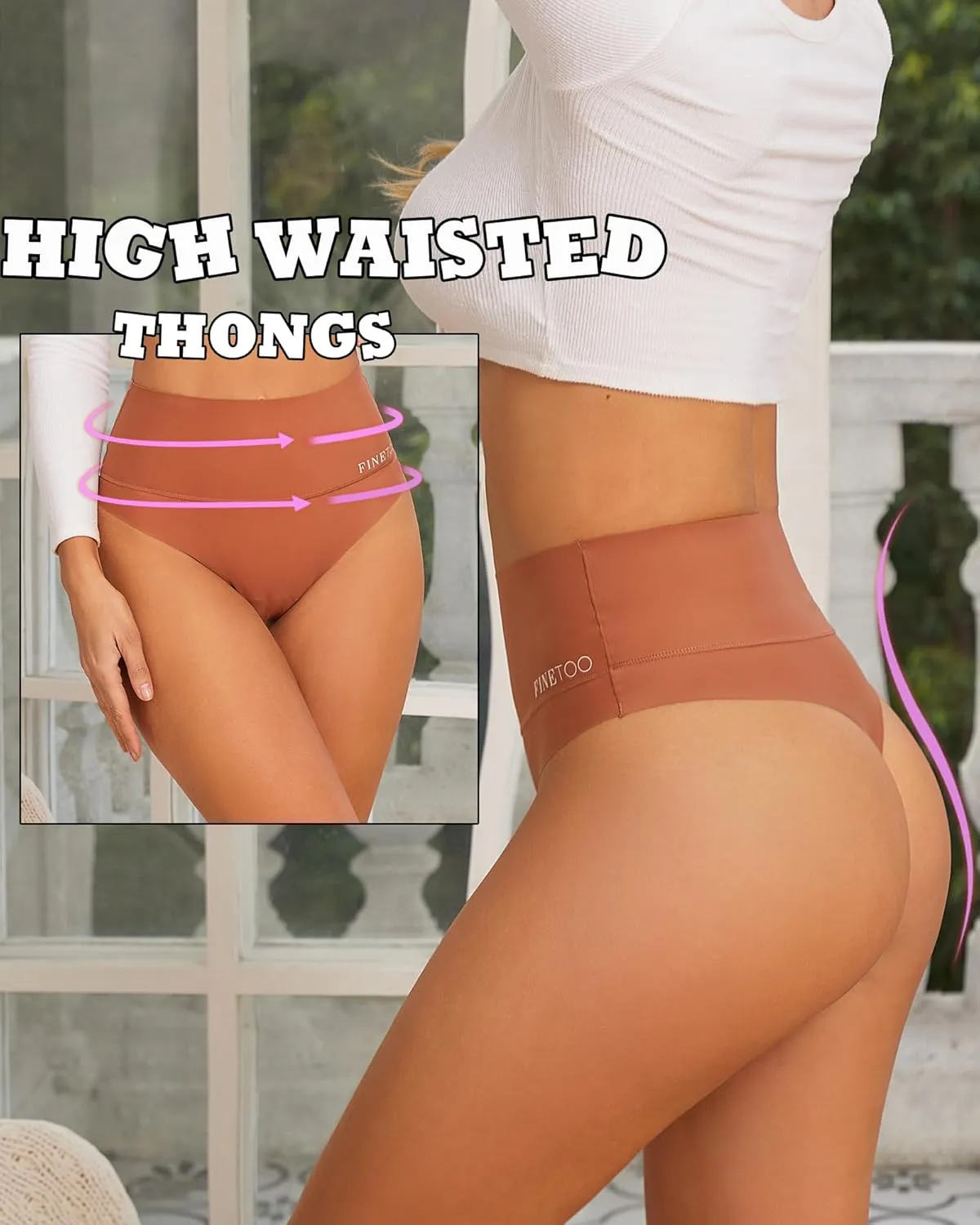 FINETOO Women Underwear High Waisted Thongs Tummy Control Seamless Thongs Shapewear No Show Panties 4 Pack S-3XL