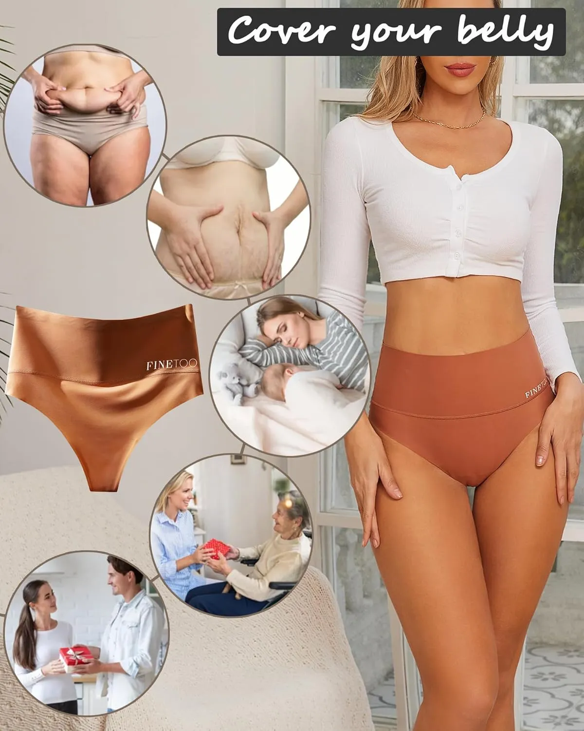 FINETOO Women Underwear High Waisted Thongs Tummy Control Seamless Thongs Shapewear No Show Panties 4 Pack S-3XL