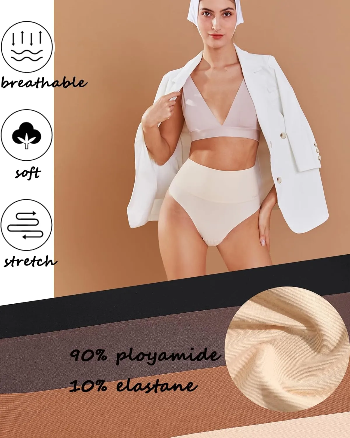 FINETOO Women Underwear High Waisted Thongs Tummy Control Seamless Thongs Shapewear No Show Panties 4 Pack S-3XL