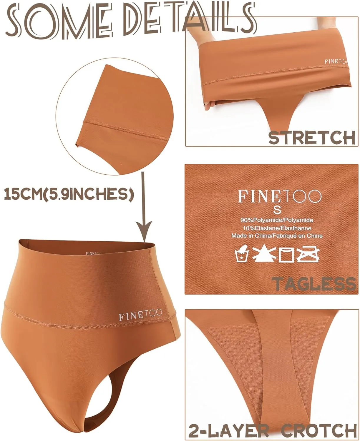 FINETOO Women Underwear High Waisted Thongs Tummy Control Seamless Thongs Shapewear No Show Panties 4 Pack S-3XL