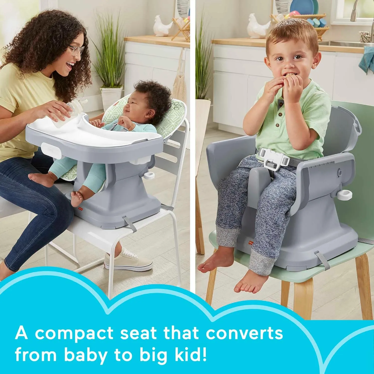 Fisher-Price Baby to Toddler High Chair SpaceSaver Simple Clean Portable Dining Seat & Booster with Washable Deep Tray & Liner, Puppy Perfection