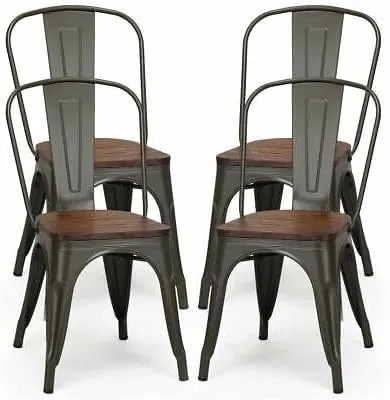 Fits for Set of 4 Tolix Style Metal Dining Side Chairs Wood Seat Stackable Bistro Cafe Size : 17" x 21" x 33"
