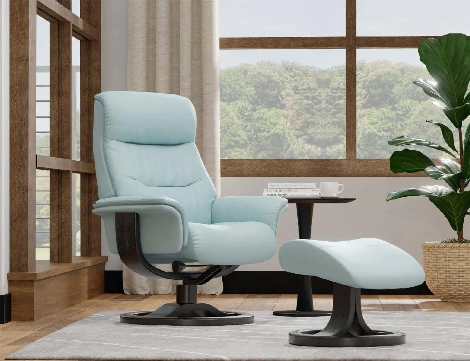 Fjords Anne R Small Norwegian Ergonomic Swivel Recliner Lounge Chair and Ottoman - Cigar SL 254 Soft Line Leather with Walnut Wood