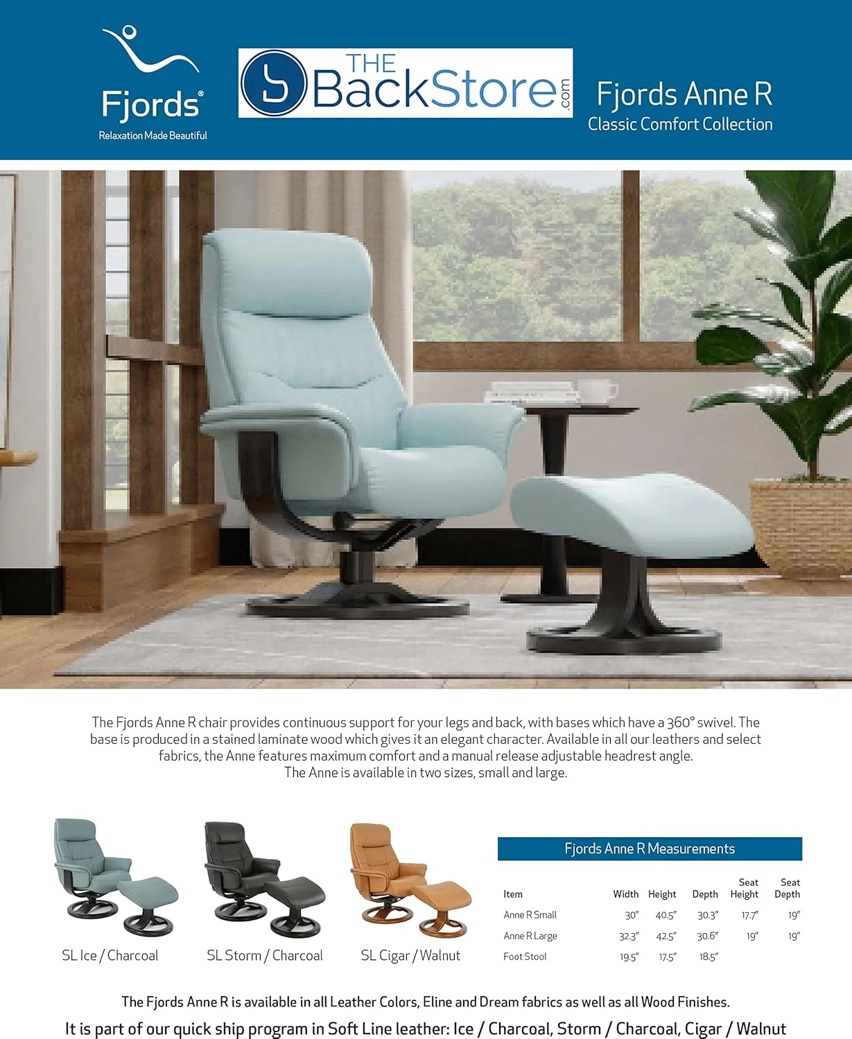 Fjords Anne R Small Norwegian Ergonomic Swivel Recliner Lounge Chair and Ottoman - Cigar SL 254 Soft Line Leather with Walnut Wood