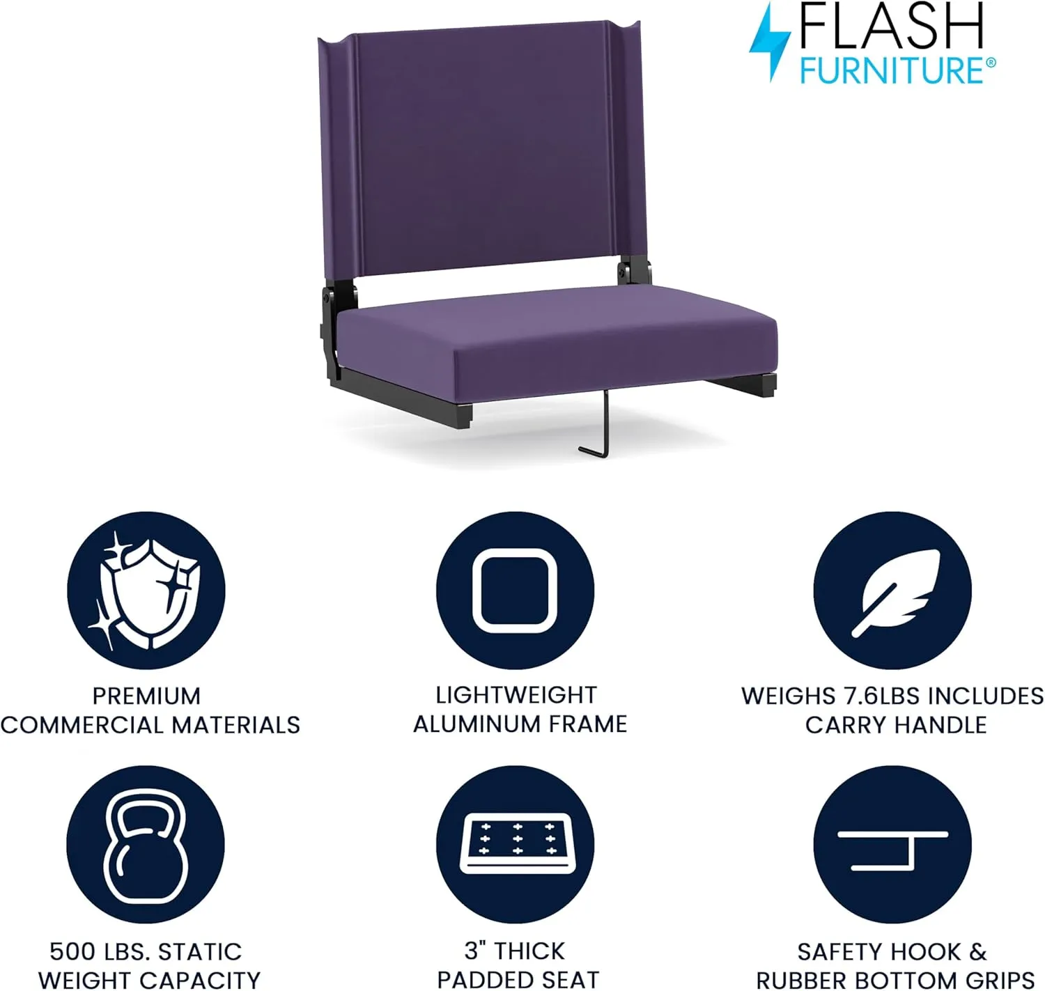 Flash Furniture Grandstand Portable Stadium Seat for Bleachers or Benches, Folding Padded Stadium Chair with Carrying Handle, 500 lb. Weight Capacity, Dark Purple