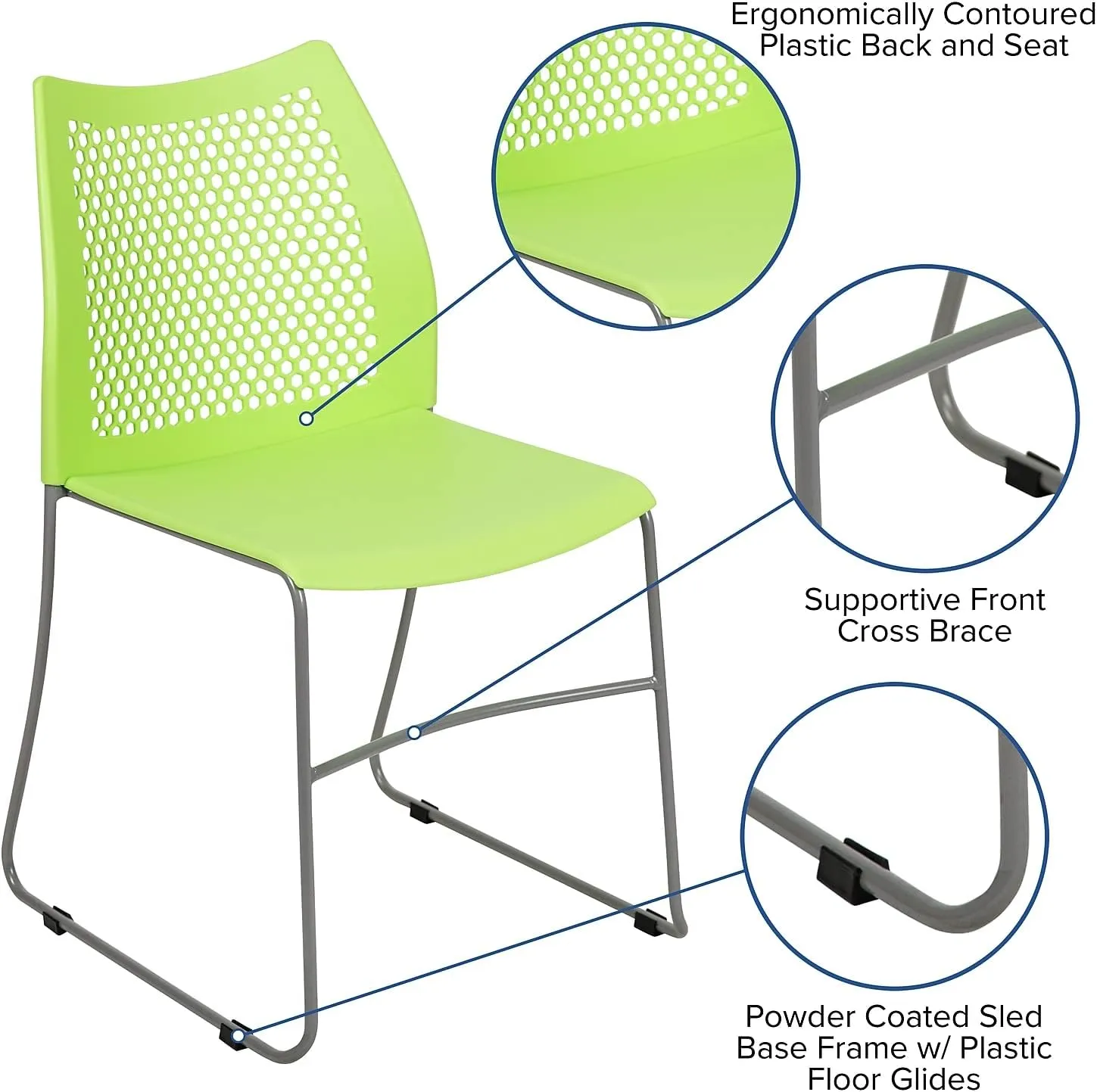 Flash Furniture Hercules Series Contoured Lobby Chairs with Air-Vent Honeycomb Backs, Ergonomic Stacking Chairs for Offices, Set of 5, Green