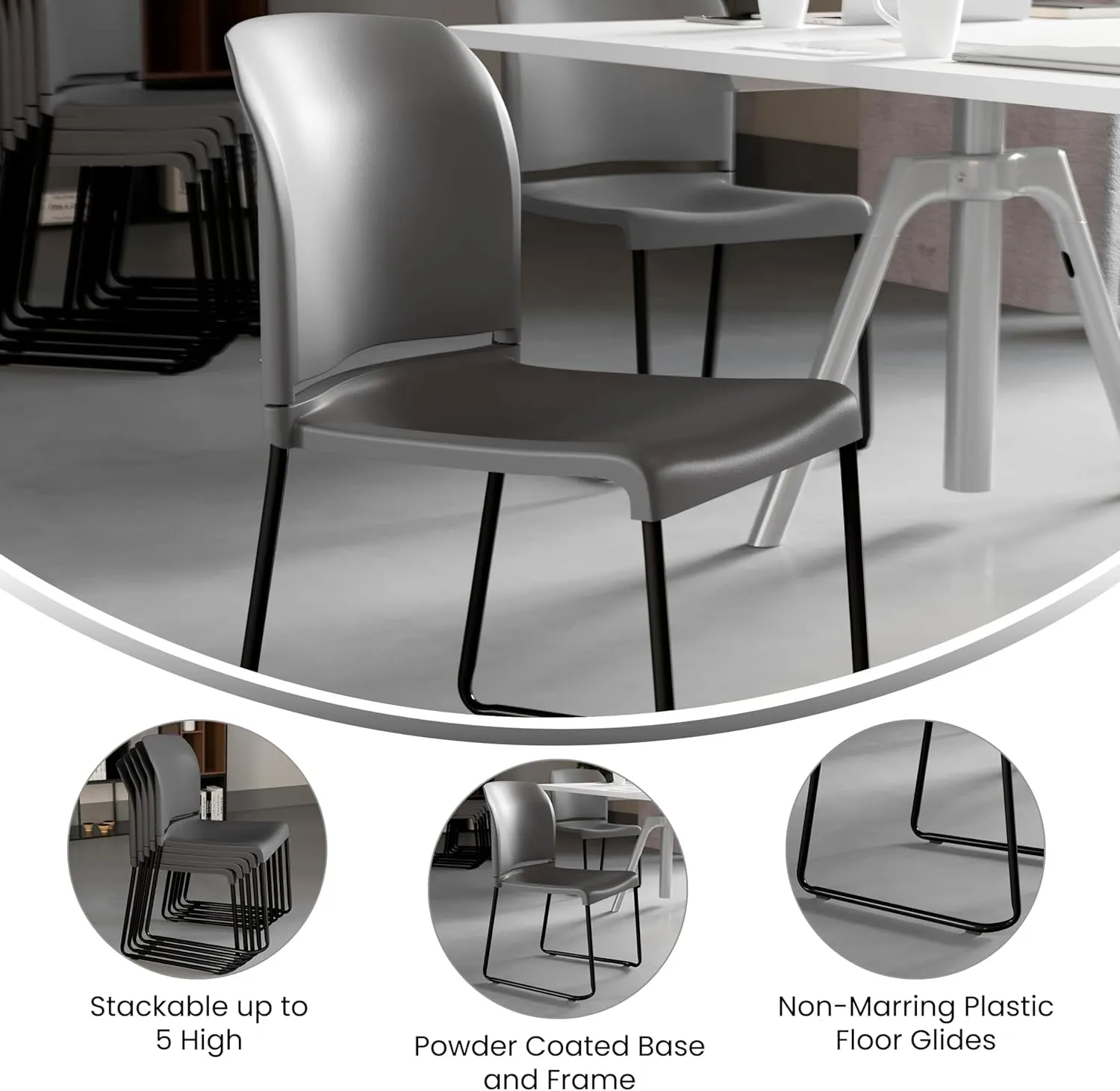 Flash Furniture Hercules Series Contoured Stacking Chairs for Waiting Rooms and Offices, Ergonomic Lobby Chairs with Curved Back, Set of 5, Gray