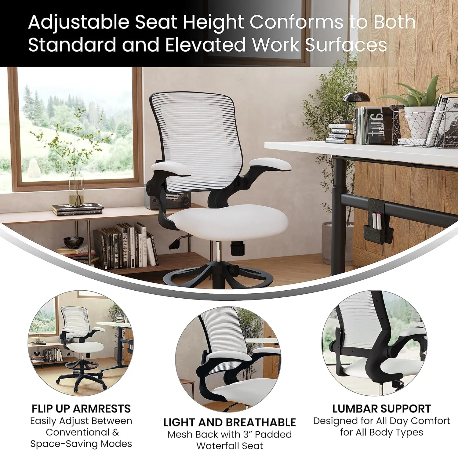 Flash Furniture Kale Mid-Back White Mesh Ergonomic Drafting Chair | Adjustable Foot Ring, Flip-Up Arms